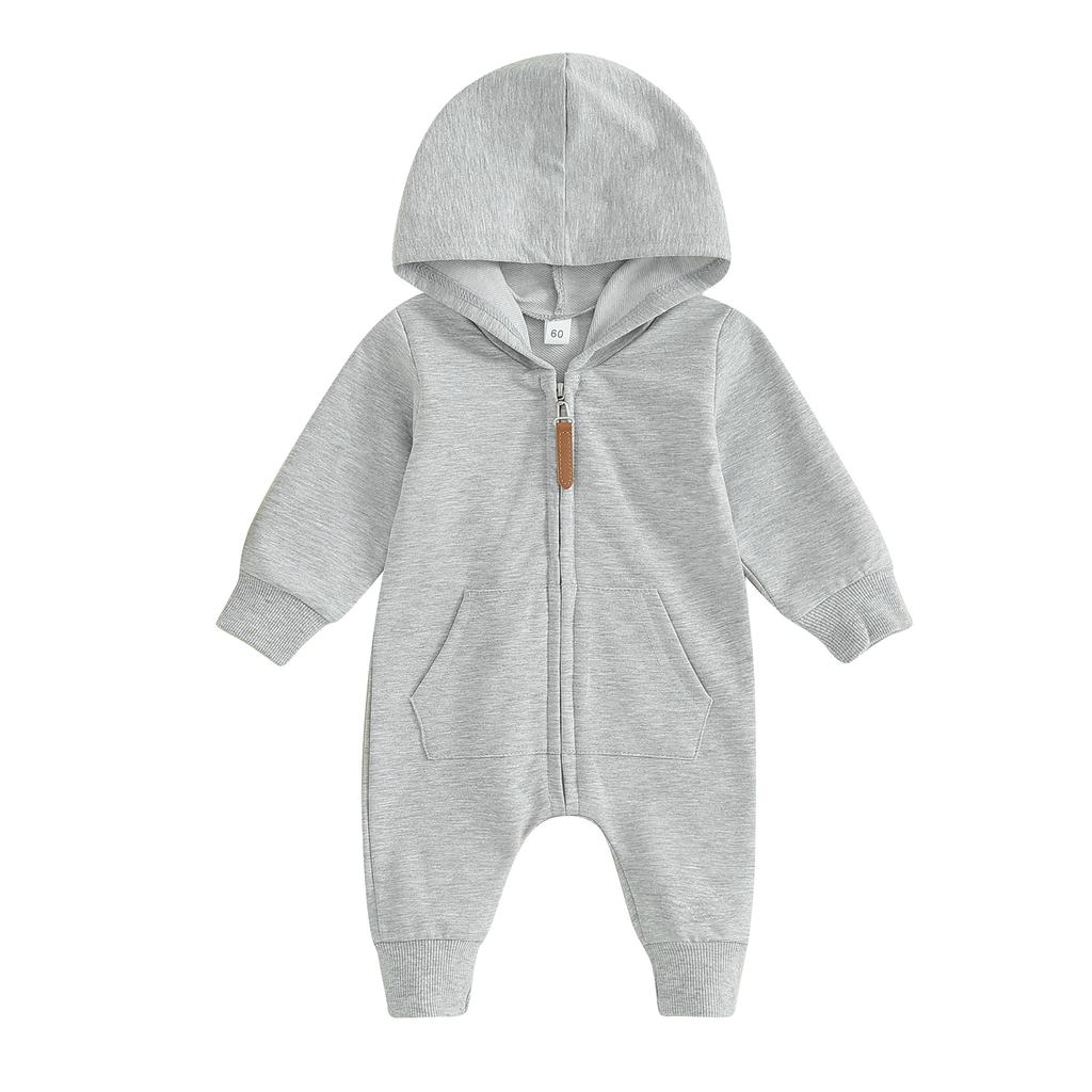 Baby Jumpsuit, Long Sleeve Hooded Zip-up Solid Fall Romper Clothes for Boys Girls