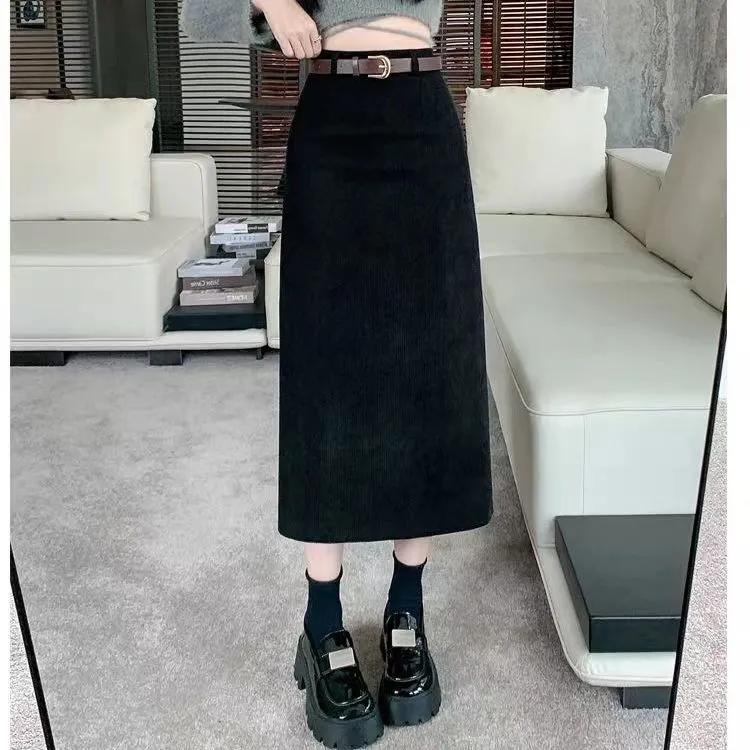 High Waist Slimming Retro Corduroy Midi Skirt Hip Concealing Straight Leg A- Line Wrap Around Skirt for Women Solid Color