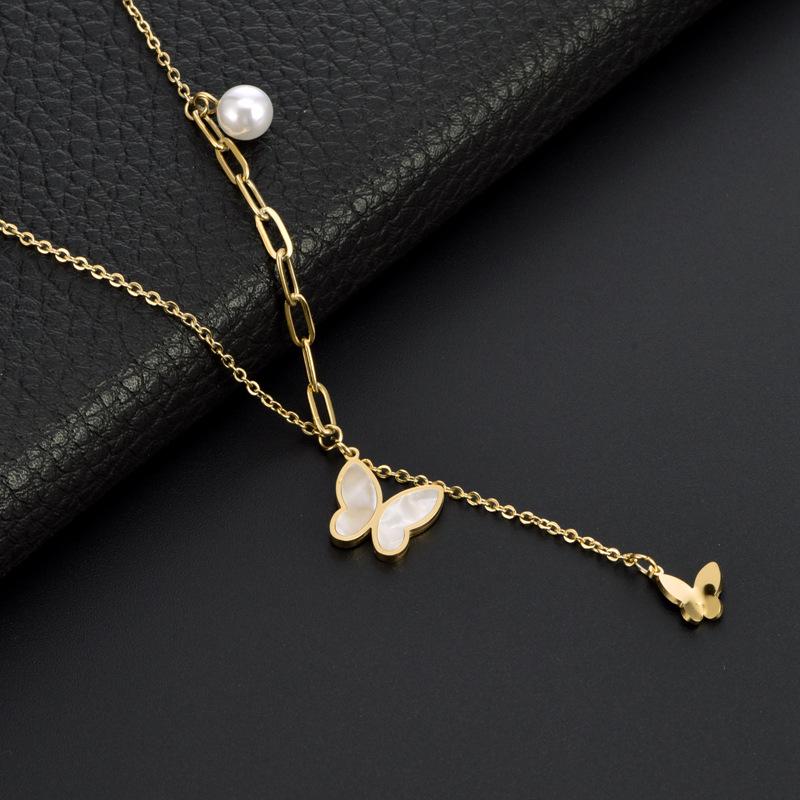 Elegant Seashell & Butterfly Titanium Necklace with Pearl Pendant for Women
