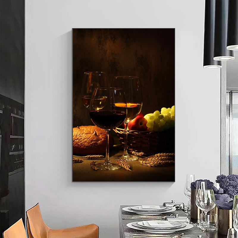 Wine Glass Bottle Posters and Prints Canvas Painting Wall Art Pictures for Dining Room Home Decor Grapes Wooden Barrel Cuadros