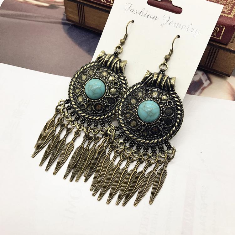 Vintage Indian Style Exaggerated Earrings Large Round Inlaid Turquoise Fringed Earrings Ethnic Style Women's Earrings