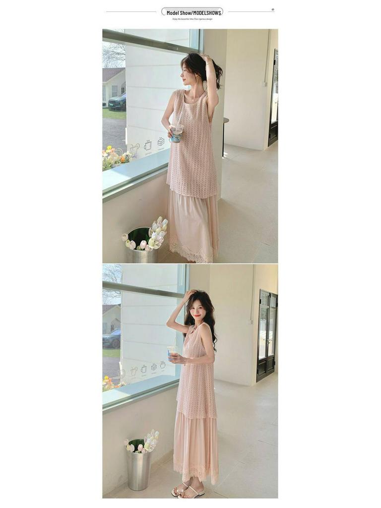 Plus Size Slimming French Style Lace Patchwork Two-Piece Tank Dress for Women