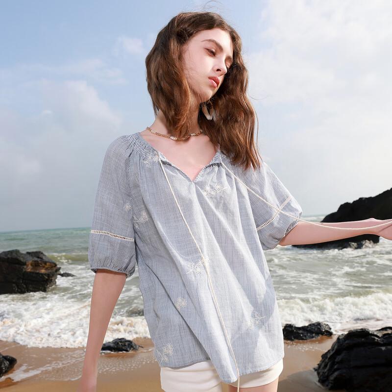 Women's Striped Embroidered V-Neck Pullover Blouse