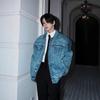 Mens Vintage Washed Blue Denim Jacket Short Padded Shoulder Spliced Design Casual Streetwear