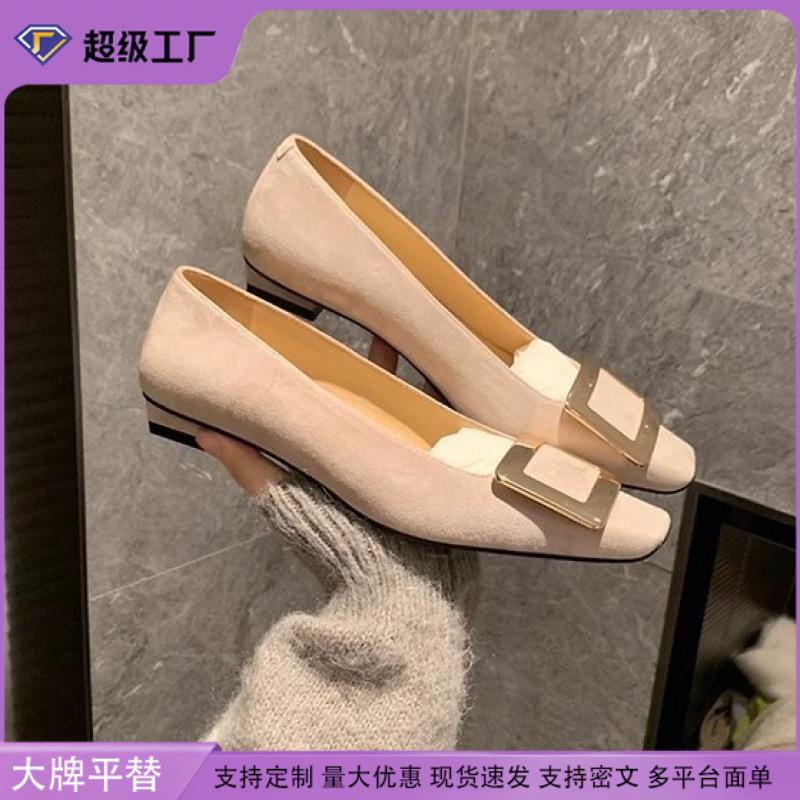 Small thick heel shallow mouth square head flat sole shoes femininity versatile grape mother French elegant metal square buckle high heels