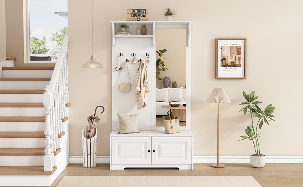 100*40*180cm Hallway Wardrobe with Mirror, 5 Coat Hooks, 2 Cabinets and Shelf, Hallway Coat Stand Clothes Rack with Shoe Cabinet, White