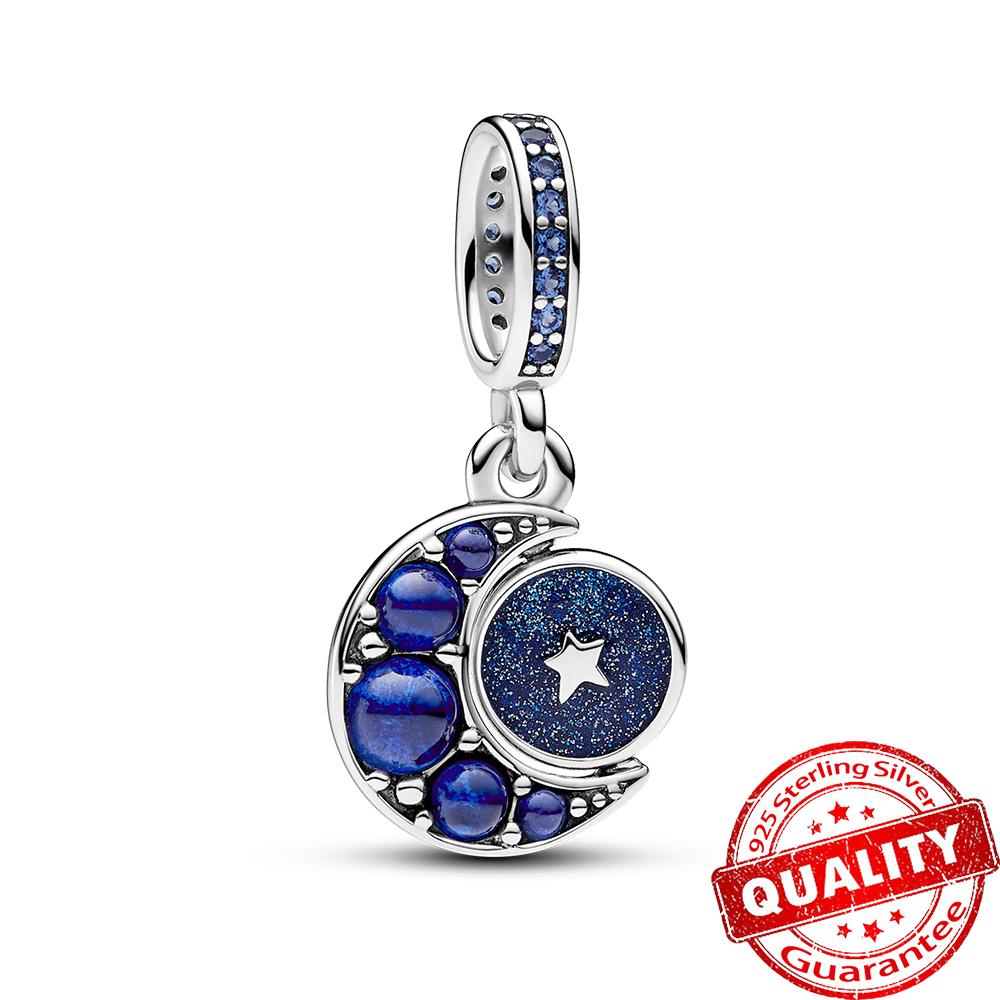 Blue Copper Galaxy Star & Moon Murano Charm Fit Original Bracelet Lucky Cyan Clover Charm Diy Necklace Jewelry