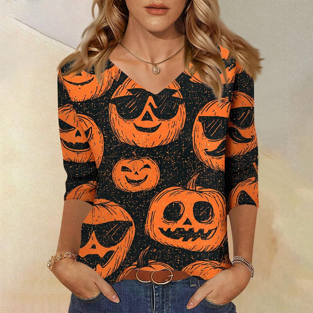 Women's Casual Halloween Print V Neck Three Quarter Sleeve Top Lightweight Loose Fit Pullover Shirt for Fall Seasonal Wear