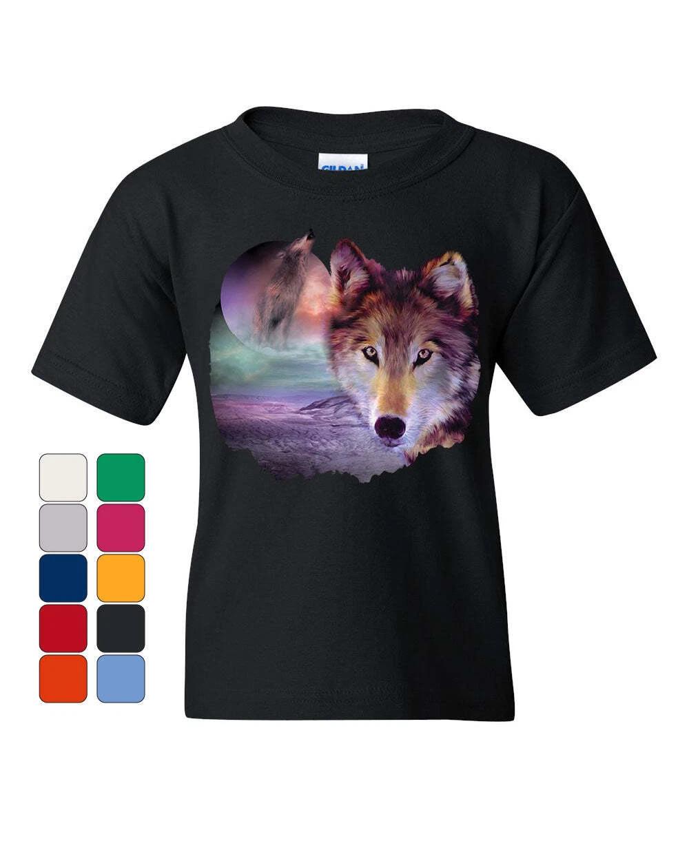 Wolf Howling at Moon Youth kids boys T-Shirt Wilderness Wildlife Wild Wolf Pack Kids Tee 100