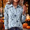 Women's Casual Long Sleeve Knit Top with Halloween Print and Turn-Down Collar
