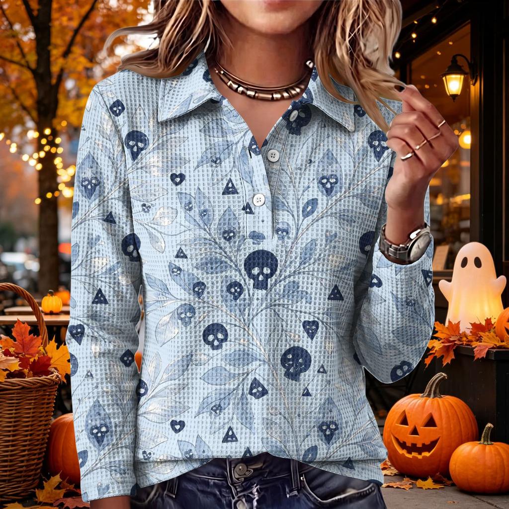 Women's Casual Long Sleeve Knit Top with Halloween Print and Turn-Down Collar