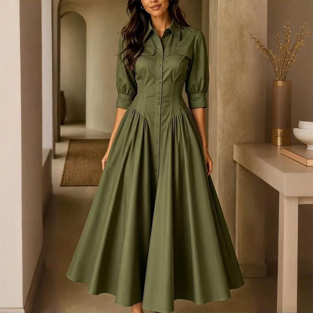 Dames Elegante Knopen Voorkant Hoge Taille Katoen Linnen Jurk met Zakken, Kleur, Casual Zomer Midi Jurk