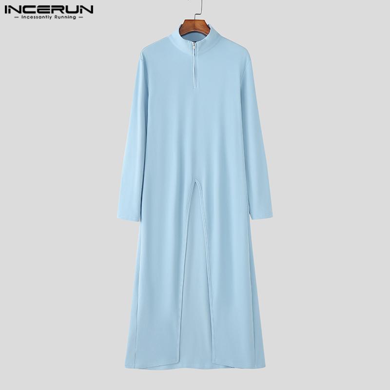 INCERUN Men Turtleneck Long Sleeve Zip-ip High Splits Long Tunic Tops Pullovers