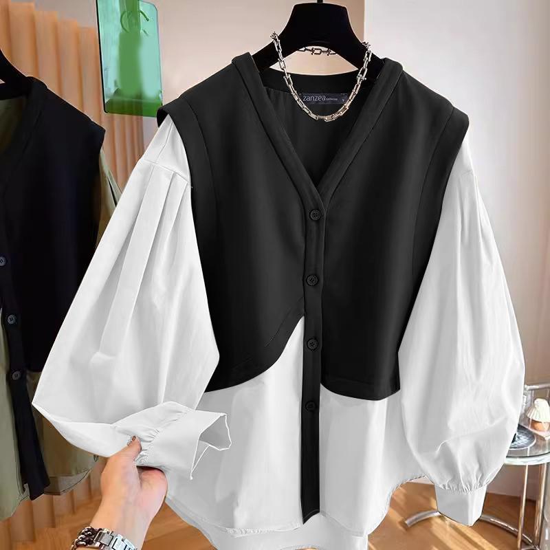 

ZANZEA Женские винтажные блузки-фонарики с круглым вырезом и длинным рукавом из двух частей S чёрный