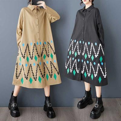 Loose Large Size Printed Splicing Casual Simple Sweetheart Long Sleeve Dresses