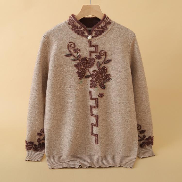 Autumn and Winter Plus Velvet Thickened Integrated Velvet Top Mother's Winter Clothes, Loose and Fashionable Warm Knitted Sweater