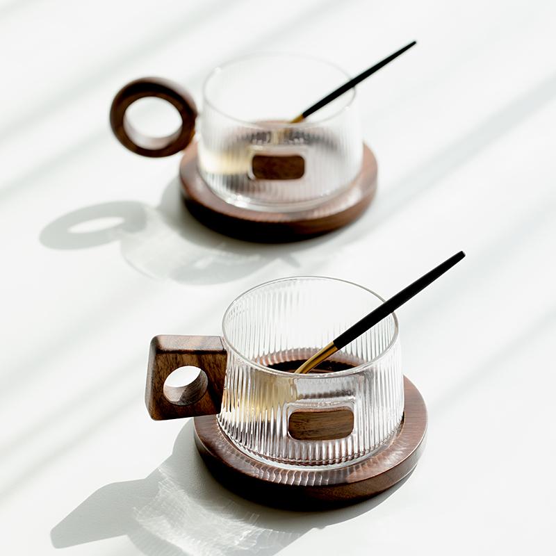 Simple coffee mug set Tea cups 250ml Office Glass Water Mug Casual Afternoon Tea Cup with tray Spoon Kung Fu Beverage