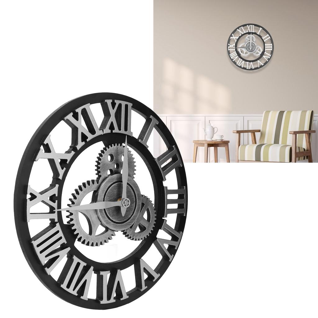 Large 3D Retro Wall Clock 34CM Vintage Wooden Gr Wall Clock Numerals Industrial   Clocks for Home Living Room Decoration