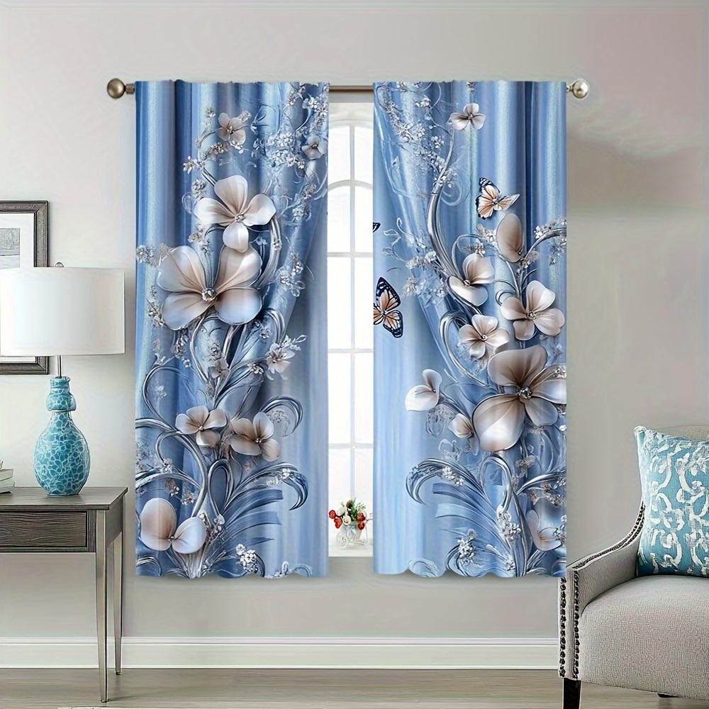 2 Pcs Elegant Vintage Blue Floral & Butterfly Print Curtains – Rod Pocket Design for Bedroom Living Room Office Kitchen