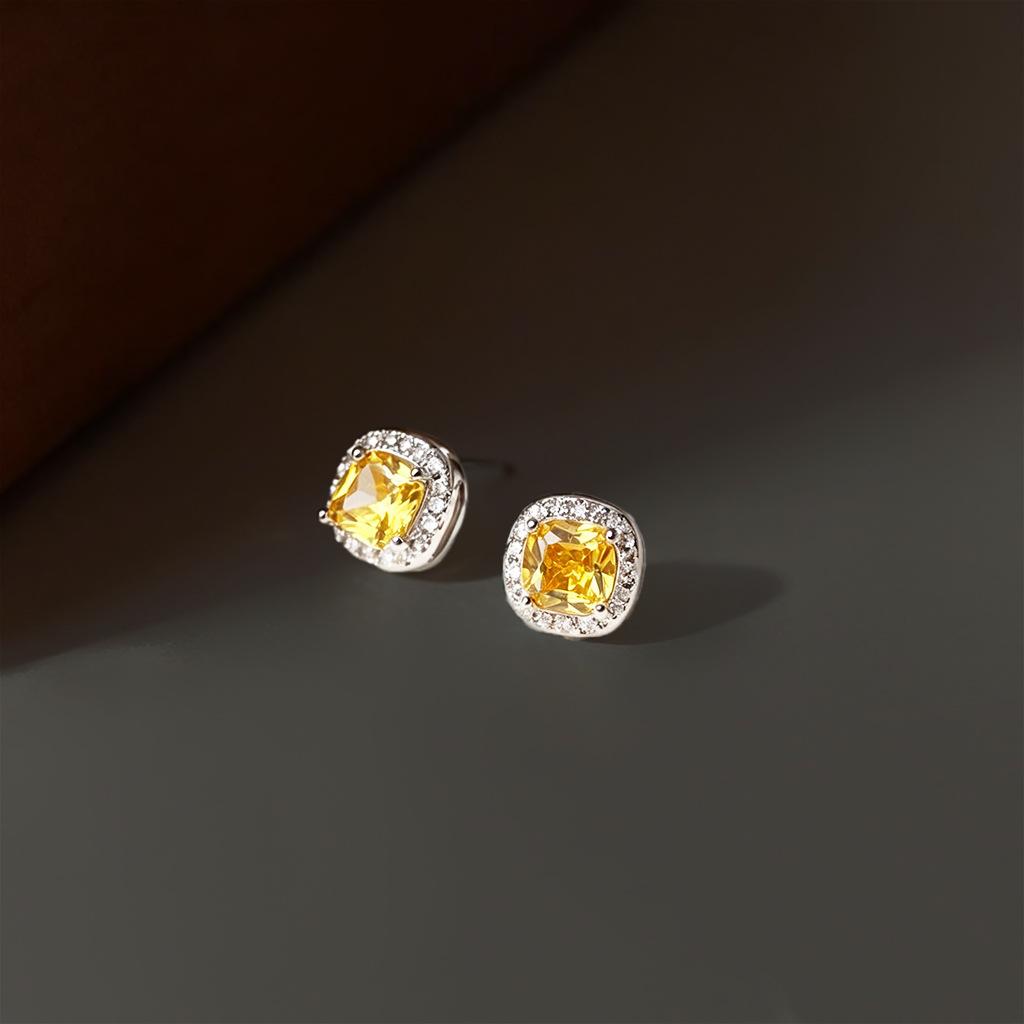 Fashion Minimalist Geometric Square Citrine Stud Earrings for Women