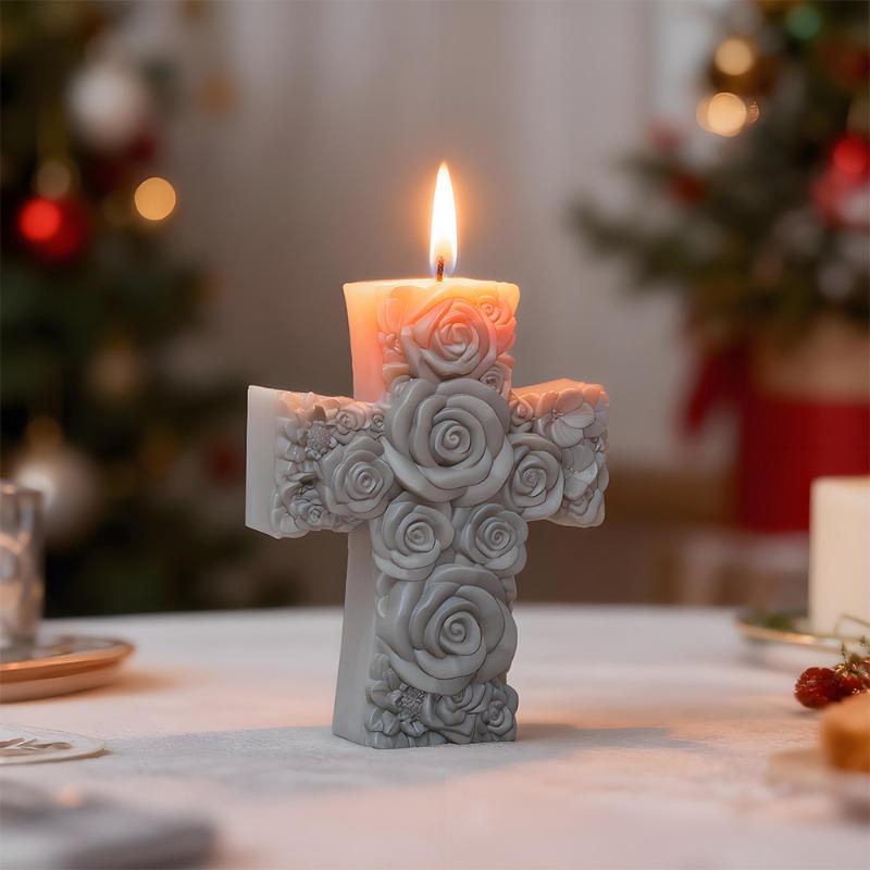 Bloemkruis Jezus Siliconen Kaarsvorm 3D Reliëf Rozenpatroon Kruis Ambacht Gips/Hars/Zeep Vorm Religieus Ornament Maakgereedschap
