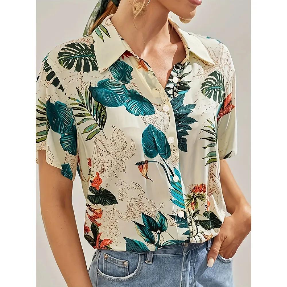 

Summer Fashion Women Shirt New Floral Digital Print Shirt Blouse Top For Women Casual Elegant Hawaiian Beach Vacation Shirt S