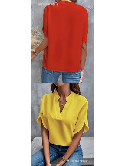 Women's Summer 2026 Solid Color V-neck Loose Shirt Top