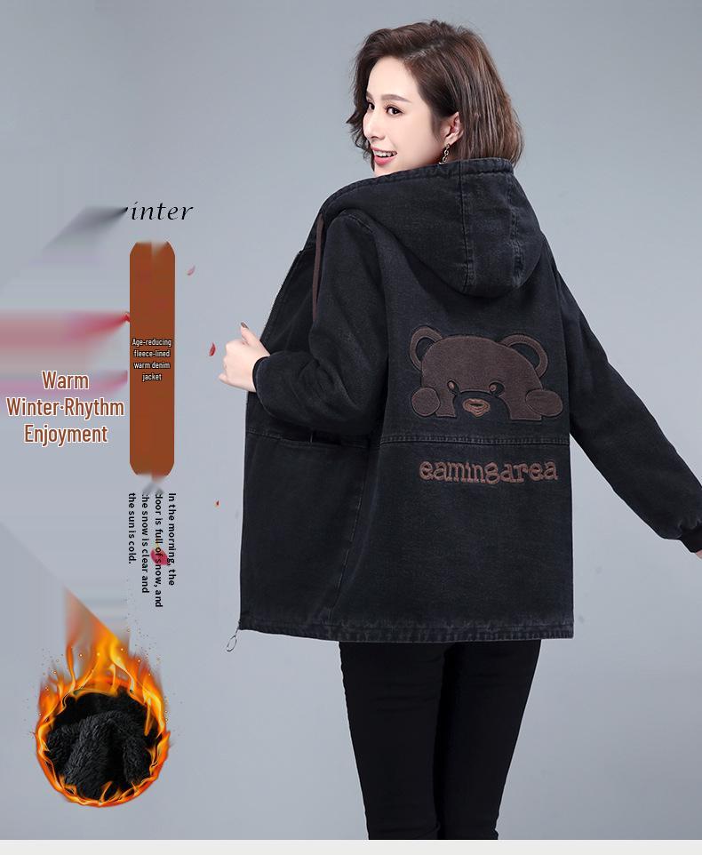 Women's Fleece-Lined Denim Hooded Jacket: Mid-Length, Warm, Fashionable Autumn/Winter Coat for Middle-Aged & Elderly Moms.