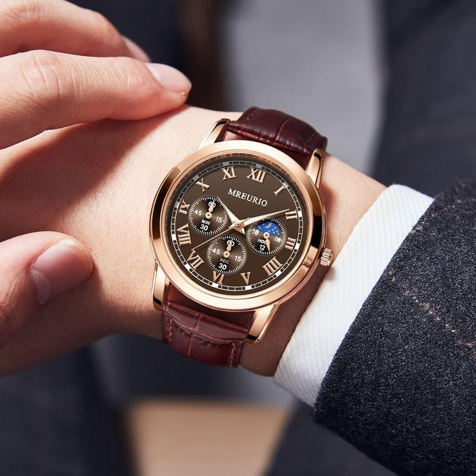 

Мужские кожаные деловые модные часы с ремешком для подарков One Size коричневый