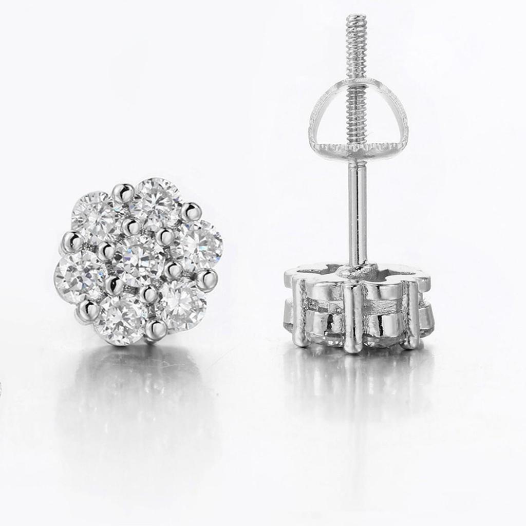 Ribbed Copper Zircon Flower Stud Earrings with Full Diamonds - High-End Hip Hop Style for Women