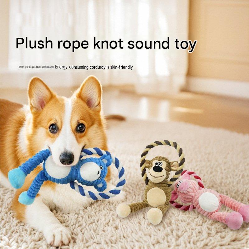 Blue Bear Monkey Pet Toy, Durable Chew Toy with Squeaker, Cotton Rope for Interactive Play, Tough Plush Dog Toy