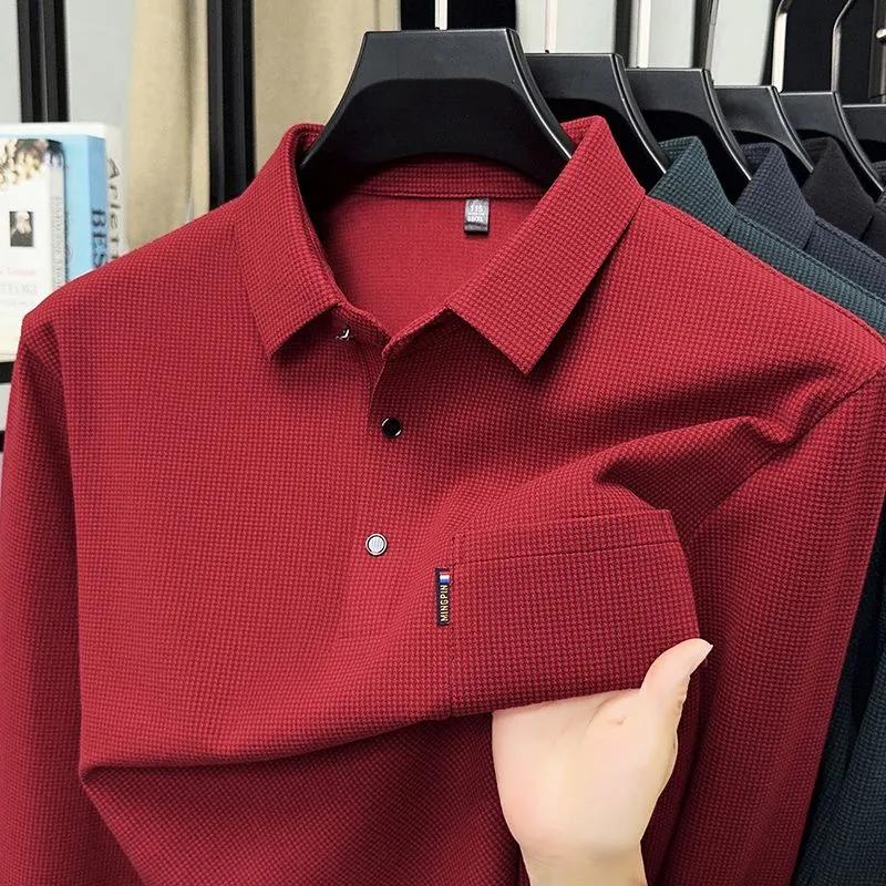 

Осінньо-зимова чоловіча футболка з довгим рукавом з німецького вельвету, повсякденний топ з лацканами, кишеня, двосторонній вельвет, сорочка-поло L червоний