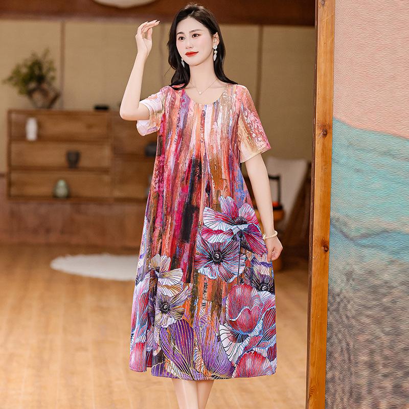 

Літня етнічна міді-сукня з квітковим принтом з бавовни та шовку – З коротким рукавом, вільна, приталена накидка для матерів XL (for 90-120 catty)