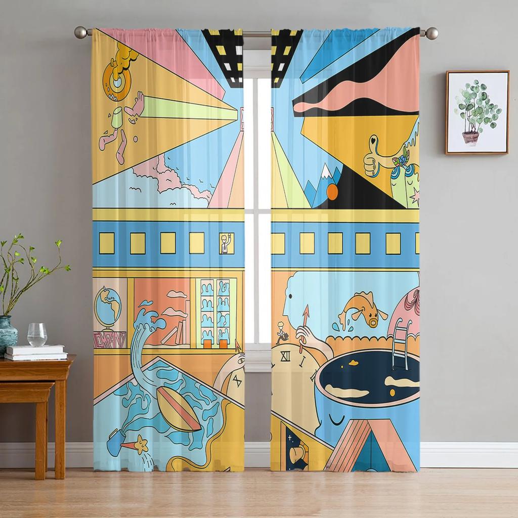 Pattern Color Patch Dots Paint Curtain Living Room Bedroom Voile Drape Kitchen Window Tulle Curtains Home Essentials Light Filtering Polyester Sitting