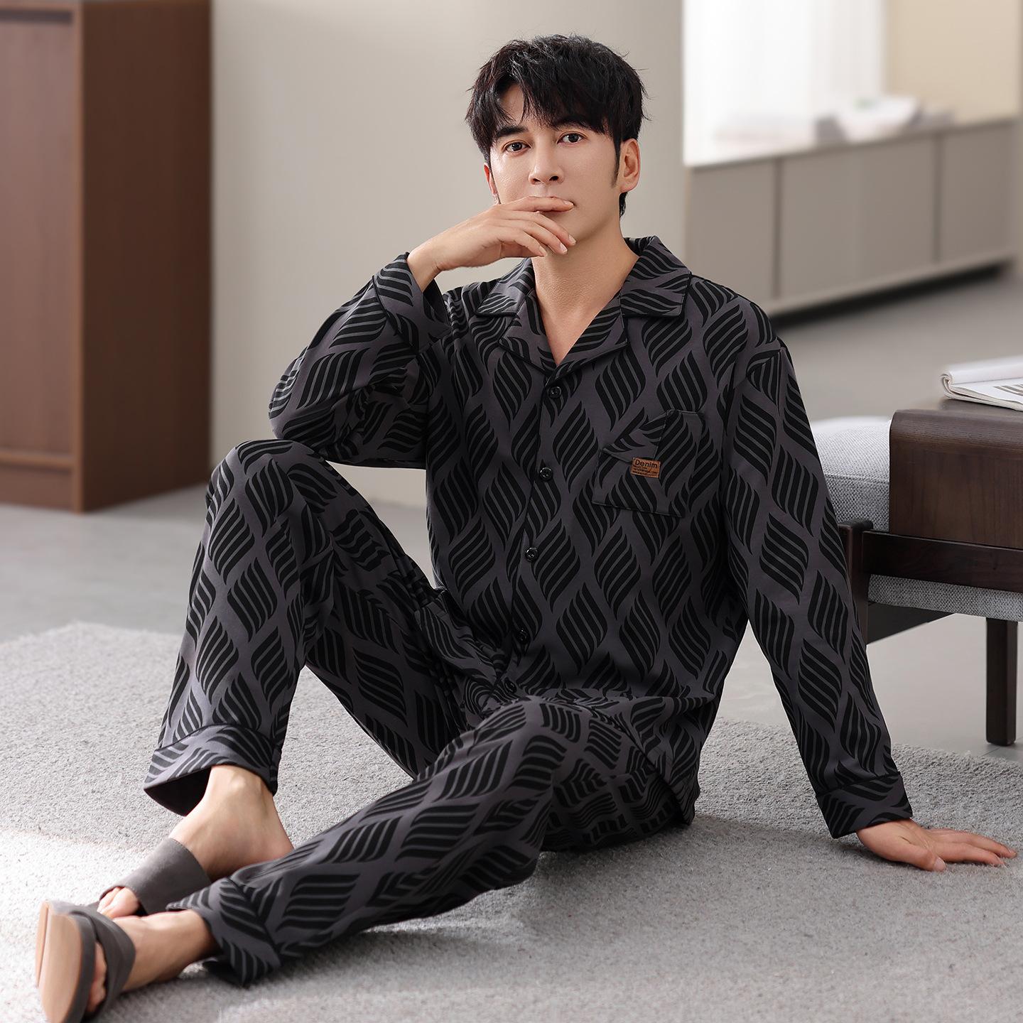 

Pure Cotton Pajamas Men S Spring And Autumn Long-Sleeved Trousers Set Autumn And Winter Thin Large-Size Cardigan Loungewear L