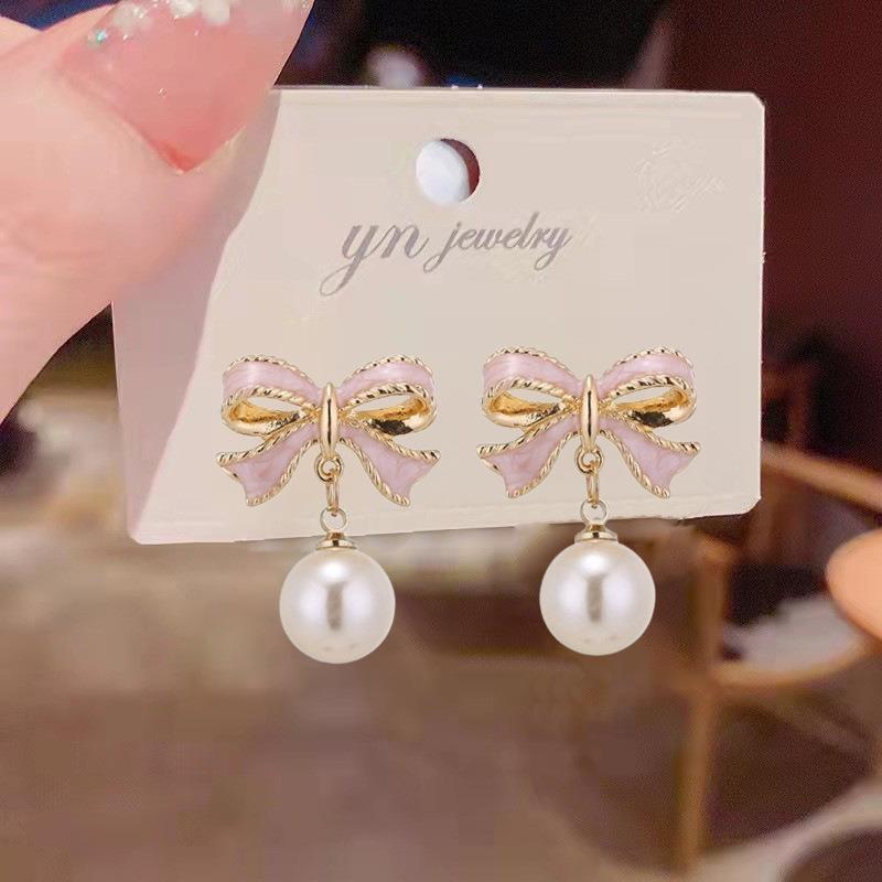 Trendy Black Red Bow Knot Drop Earrings for Women Enamel Oil Metal Imitation Pearl Dangle Earrings Wedding Party Sweet Jewelry