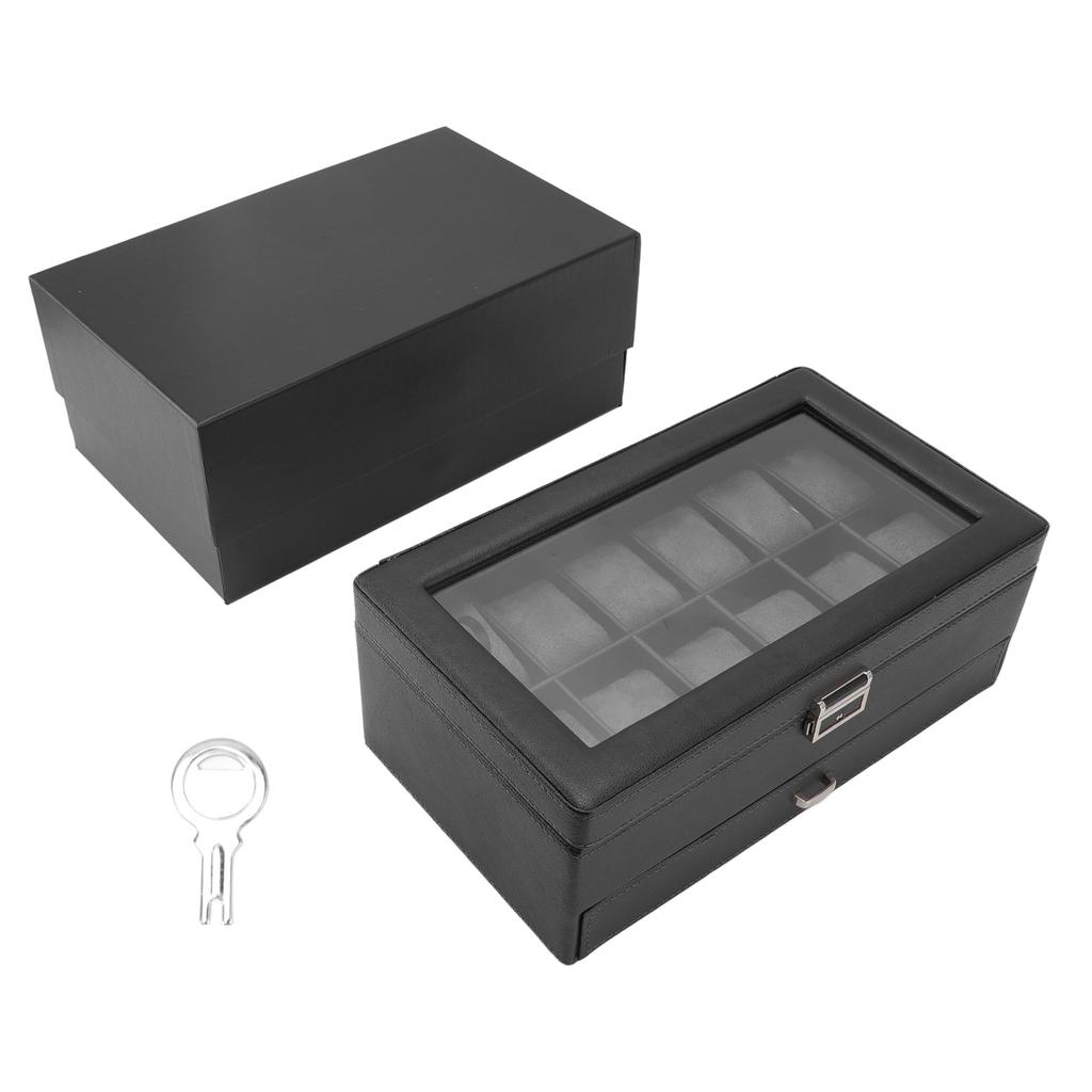 Organizator Cutie Ceas Model Litchi 12 Sloturi Cutie Depozitare Ceasuri Strat Dublu pentru Bărbați Femei Bijuterii