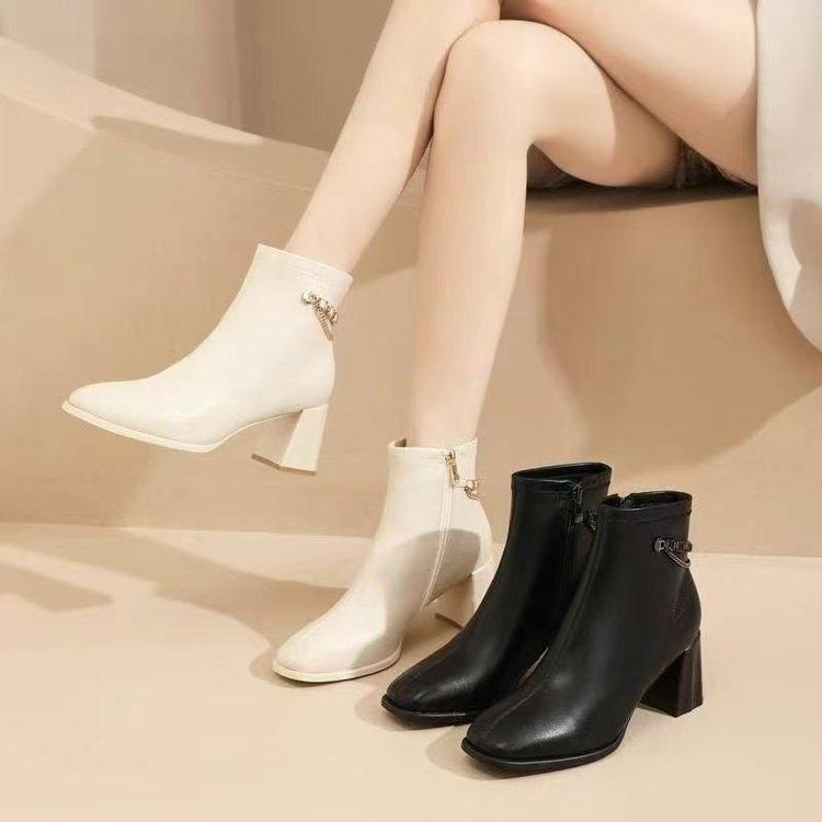 French High-heeled Short Boots Women's New White French Single Boots Thick-heeled Ankle Boots Thin Short Boots In Autumn and Winter 2025