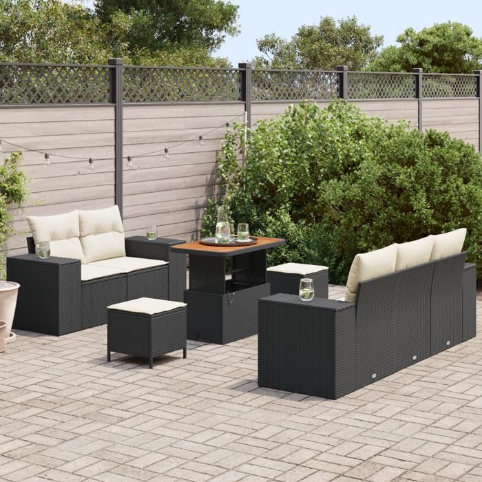 Ensemble de Canapés de Jardin 8 Pièces avec Coussins Noir Poly Rattan Acacia, Ensemble de Salle à Manger de Jardin 3 Pièces 3361950