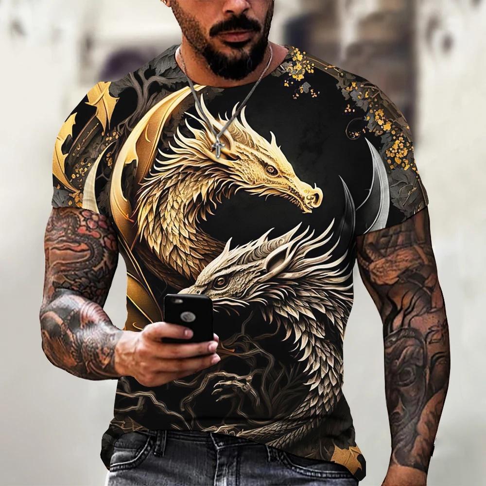 Summer sportswear men's metal dragon T-shirt 3D animal print fashion men's T-shirt casual short sleeved loose oversized top