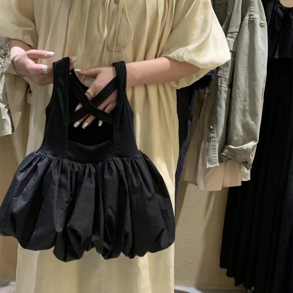 Korean Girls Sleeveless Backless Black Dress - Flower Bud Style Puffy Dress for Children