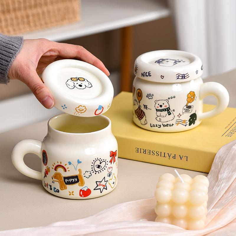 Puppy Bear Ceramic Water Cup with Lid Mug Creative Cute Cartoon Couple Home Girl High Value Cup