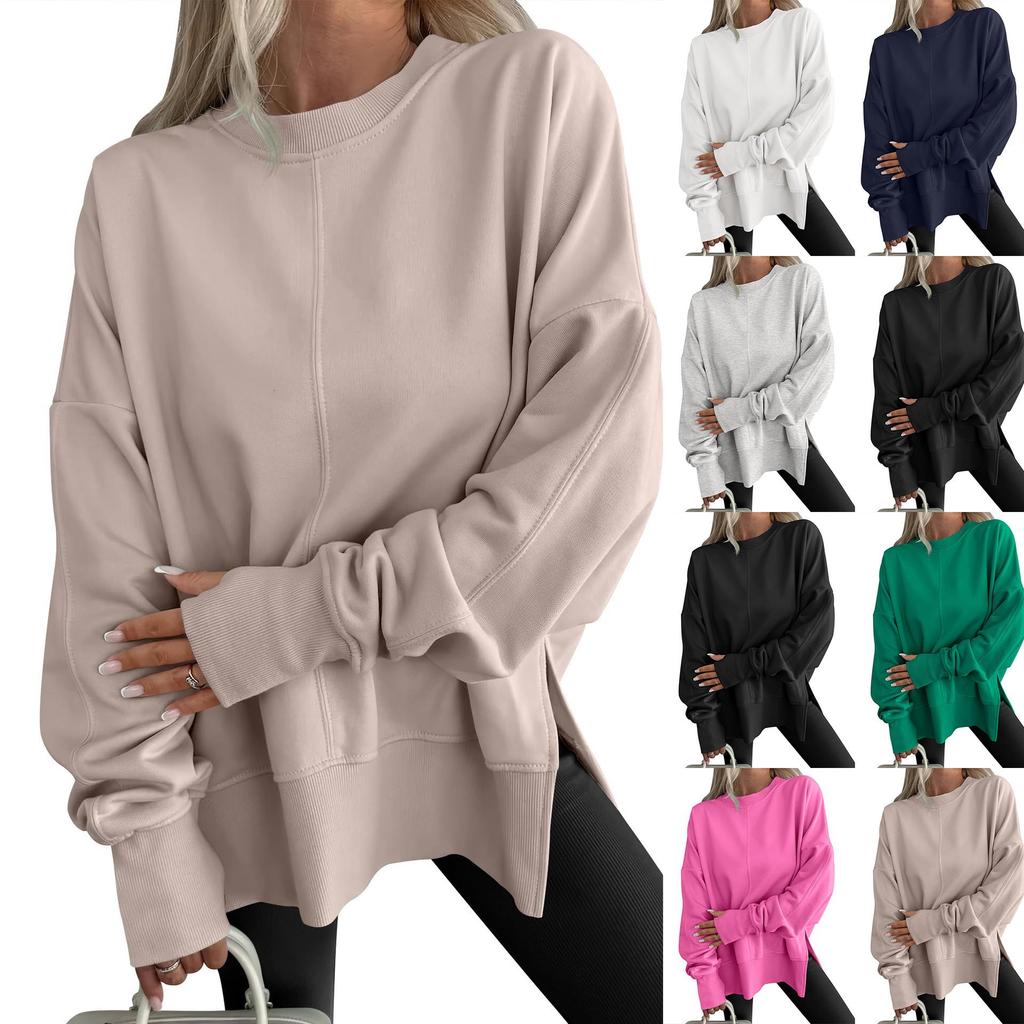 Autumn Winter Women's Split Hem Sweatshirt, Round Neck Long Sleeve Layering Top with Solid Color Design, Casual Basic Loungewear for Daily Wear