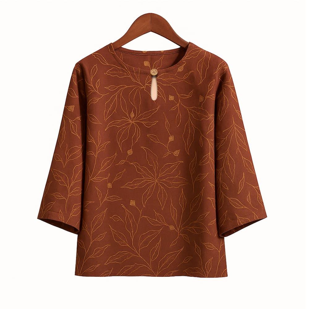 Vintage Casual Blouse, For Women, Elastic Hemp, Floral Print, Round Neck, Three-Quarter Sleeves, Elegant Loose Top