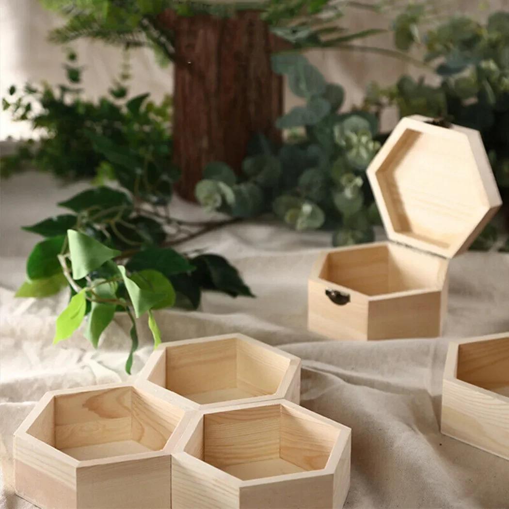 

Wooden Storage Box Hexagonal Shaped Wood Jewelry Organizer Container Case Wedding Gifts Favors Box Holder For Home Storage 9X8X4cm