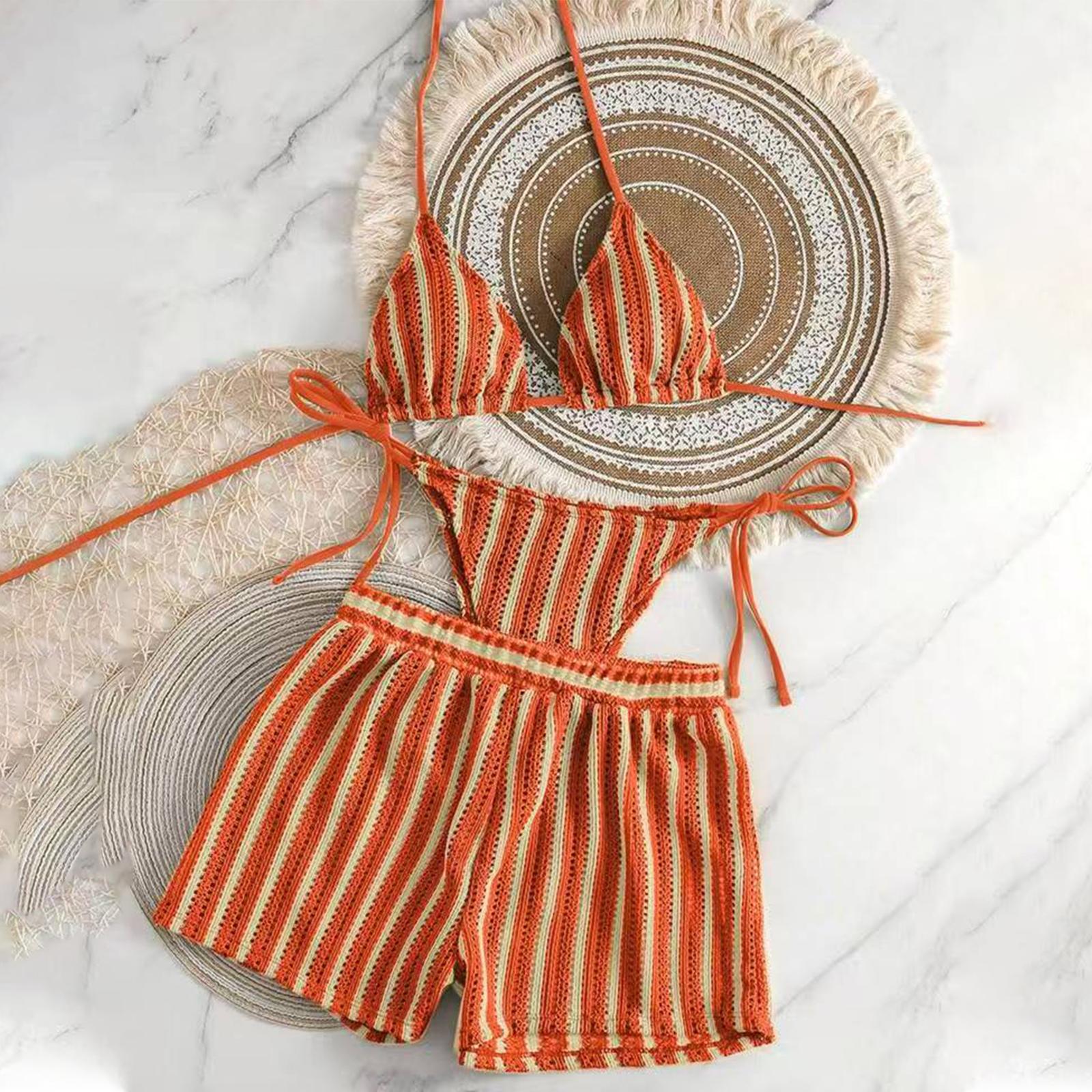 

Women’s Striped Bikini Top and High Waist Shorts Set for Beach Pool Swimwear Holiday Outfits Comfortable Fit XL шафрановий