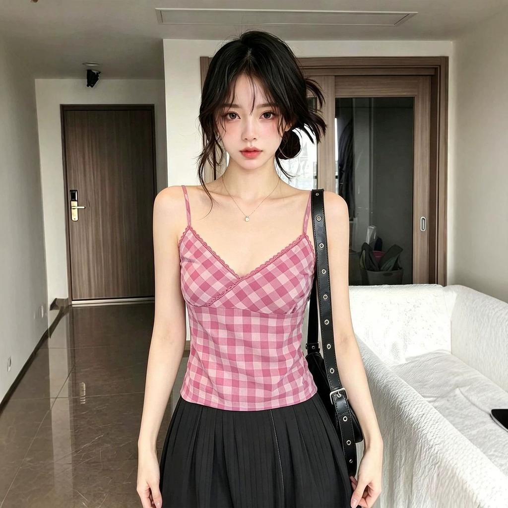 Pink plaid v-neck lace suspender vest women's summer Korean pure desire hottie slim slim short top