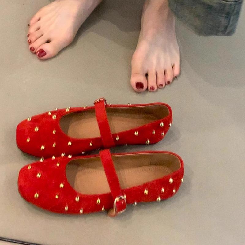 Fashion Flat Versatile Breathable Single Shoes Women's New Square Toe Shallow Rivet One Strap Athleisure Mary Jane Shoes