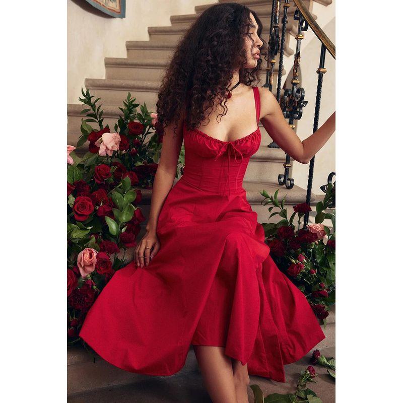 Sweet Summer Fashion off-Neck Shoelace Floral Tight Waist Split Mid Length Long Length Sling Dress Dress