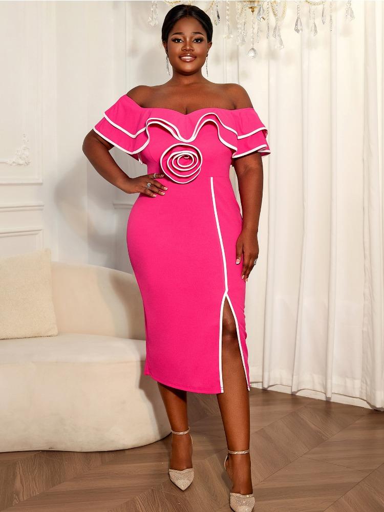 

Элегантное женское платье-бодикон с открытыми плечами цвета розы, с цветной вставкой, вырезом-лодочкой, рукавами-бабочками и 3D-цветком, для вечерней вечеринки, свадьбы, гостя на свадьбе, Нового года 4XL ярко-розовый